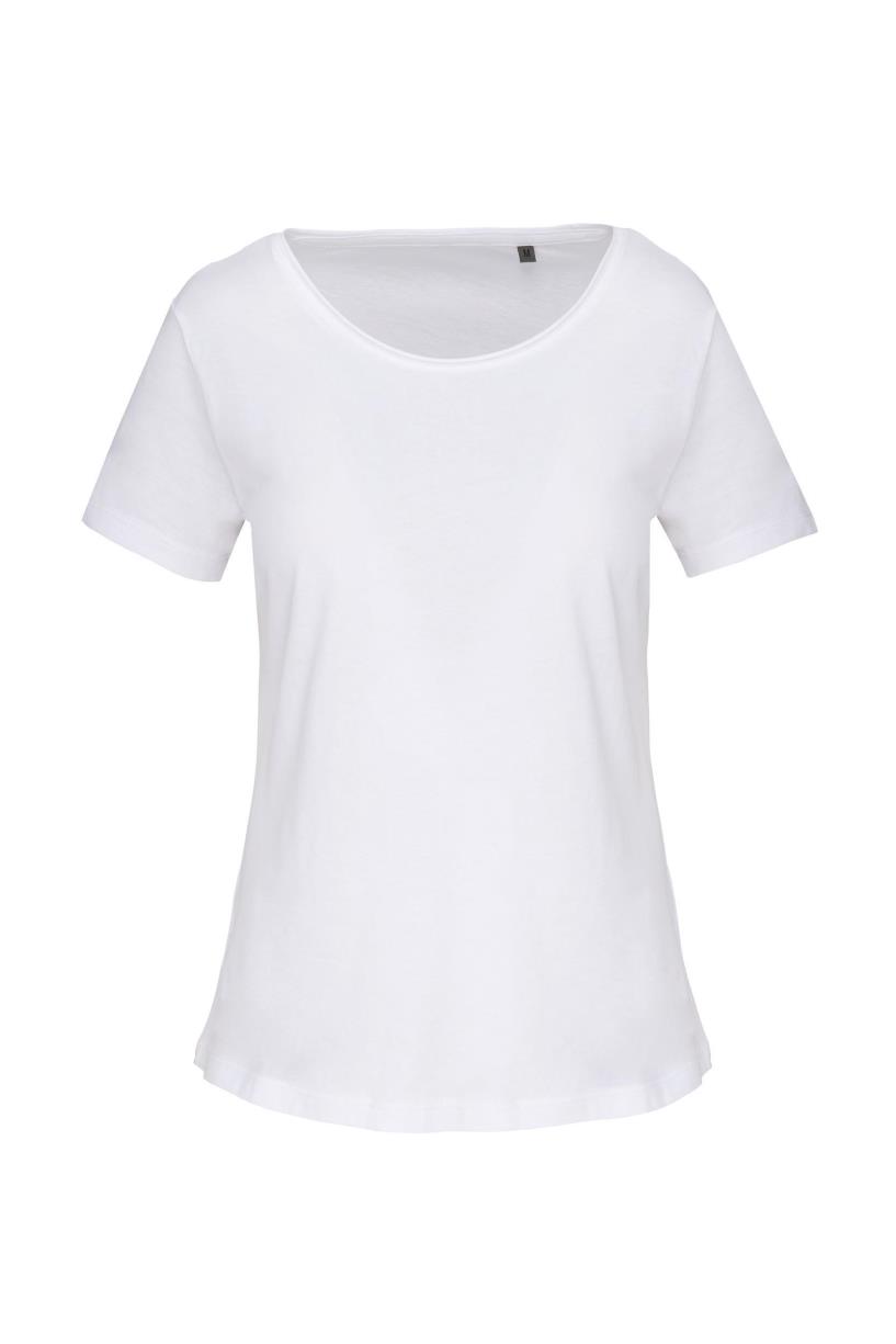 Kariban Bio dames-t-shirt kraag met onafgewerkte rand korte mouwen bedrukken - Afbeelding 2