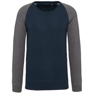Kariban Tweekleurige herensweater BIO French Terry ronde hals raglanmouwen bedrukken