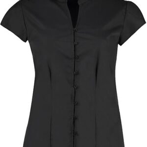 Kustom Kit Tailored Fit Mandarin Collar Poplin Blouse Cap Sleeve bedrukken