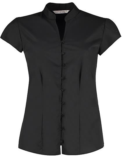 Kustom Kit Tailored Fit Mandarin Collar Poplin Blouse Cap Sleeve bedrukken
